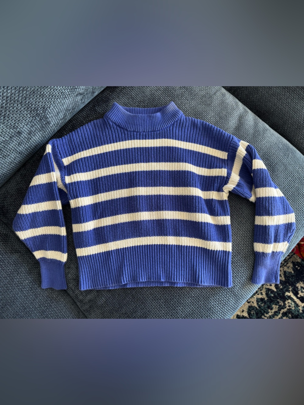 Blue and White Striped Knit Cropped Sweater